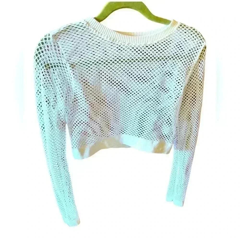 White one size nylon fishnet cropped workout top/ swim coverup. NWOT . Stretchy!